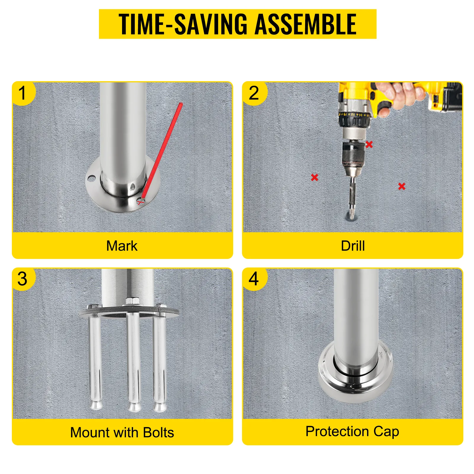 four-step installation guide for VEVOR stainless steel step handrail. mark, drill, mount, protect.