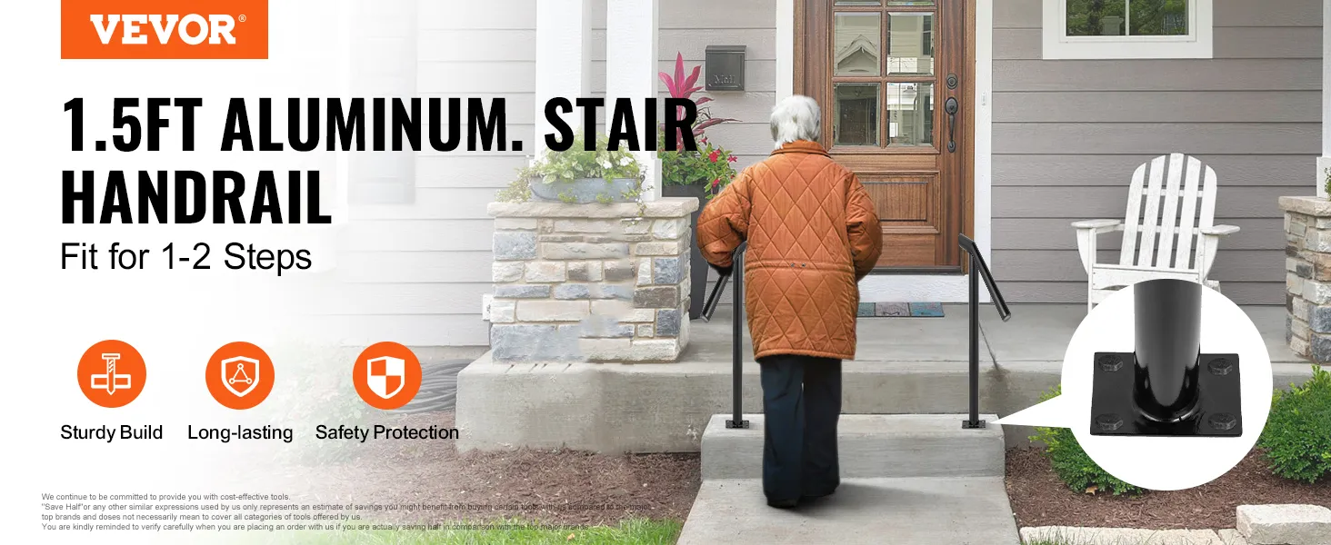 VEVOR steel railing: 1.5ft aluminum stair handrail fit for 1-2 steps, sturdy and safe.