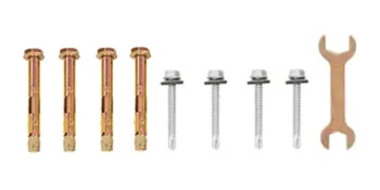 VEVOR steel railing installation hardware set with bolts, screws, and a wrench.