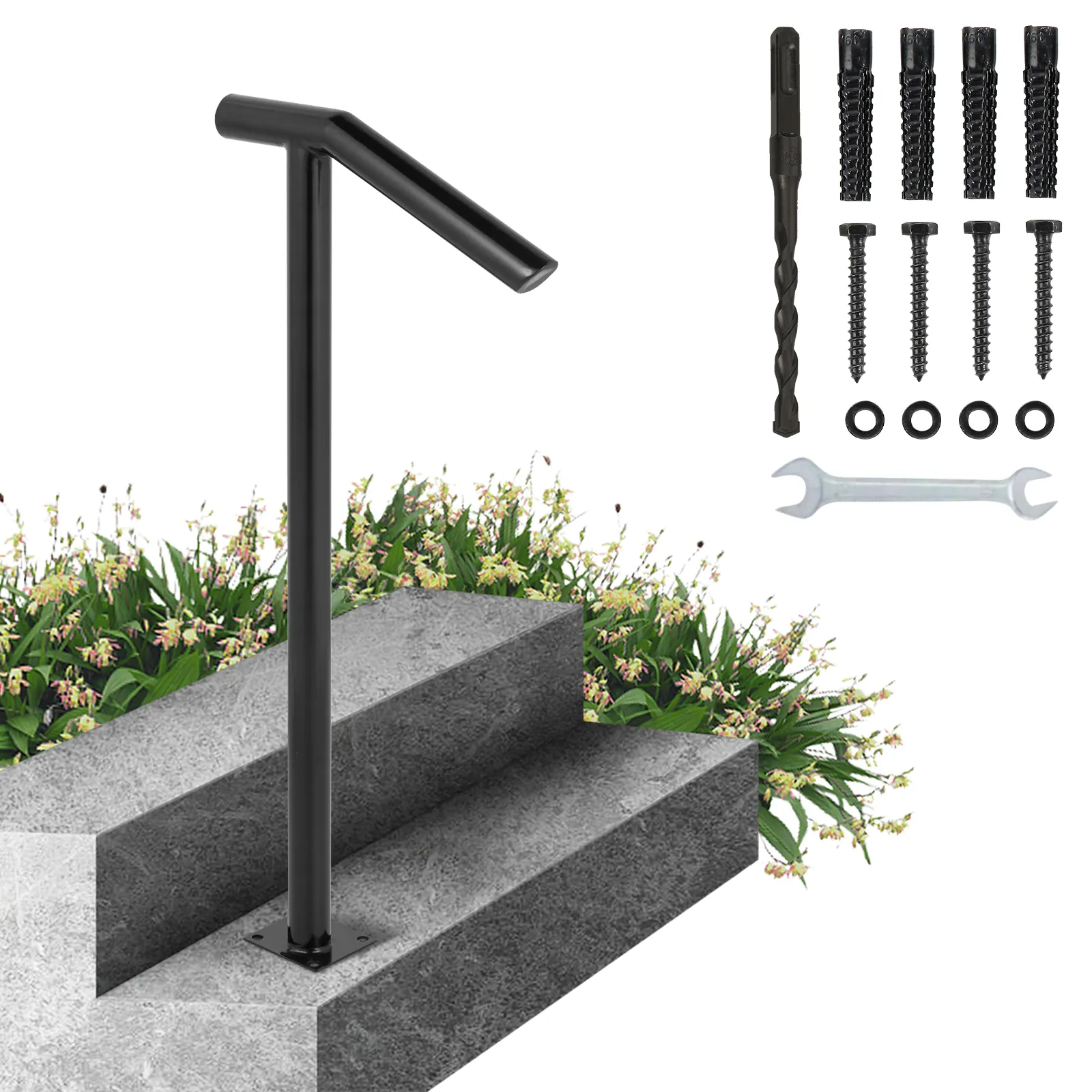 VEVOR steel railing next to gray stairs with installation hardware and flowers in the background.