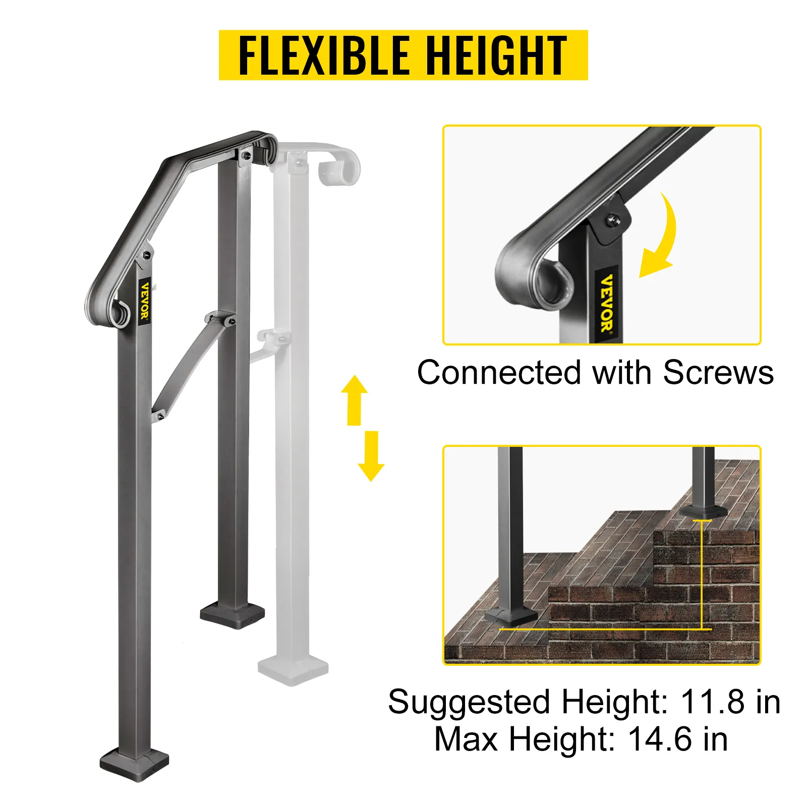 VEVOR-Handläufe für den Außenbereich: flexible Höhe, mit Schrauben verbunden, empfohlene Höhe 30 cm.