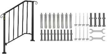 VEVOR outdoor handrails with mounting hardware and tools set, black metal handrail.
