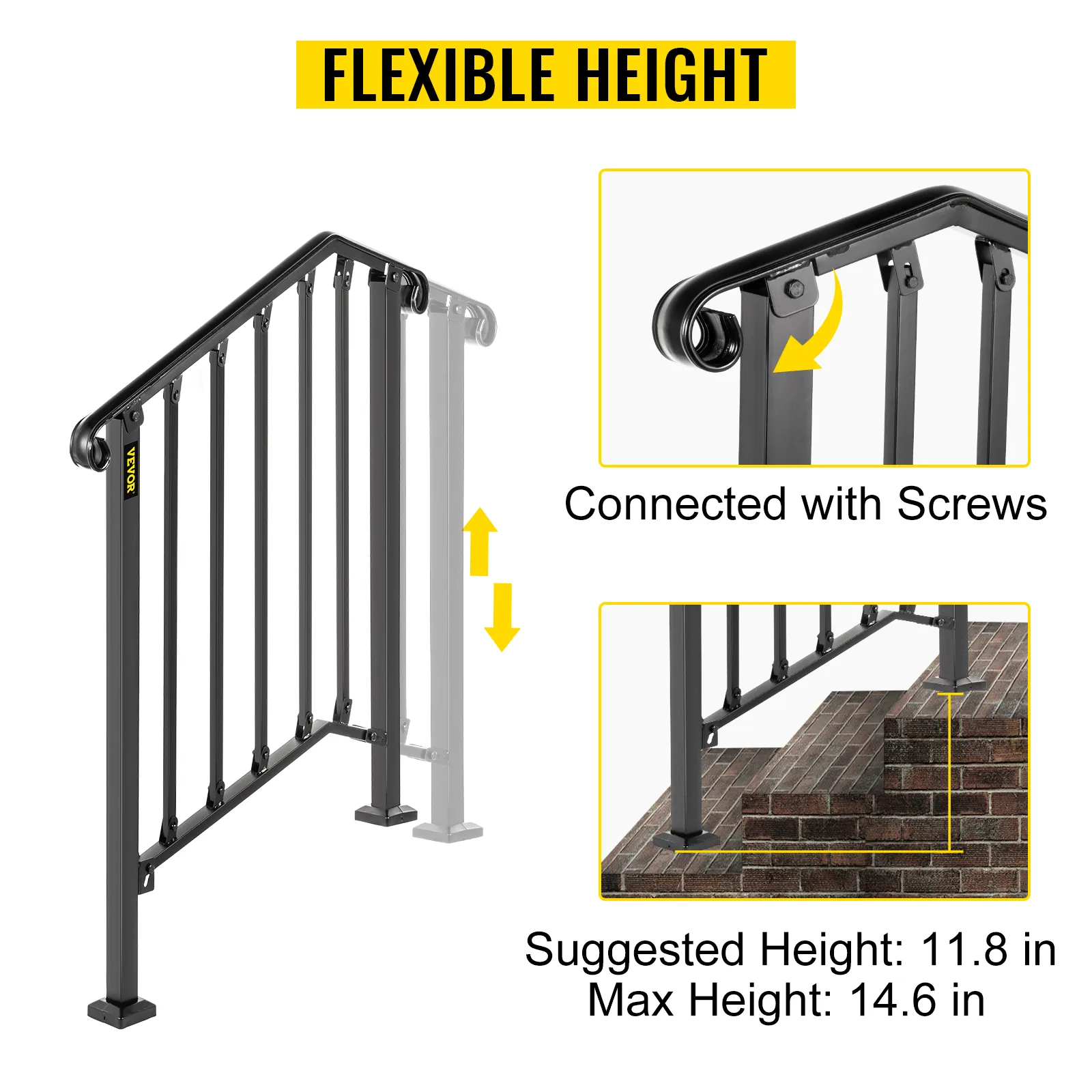VEVOR outdoor handrails with adjustable height, connected with screws for steps.