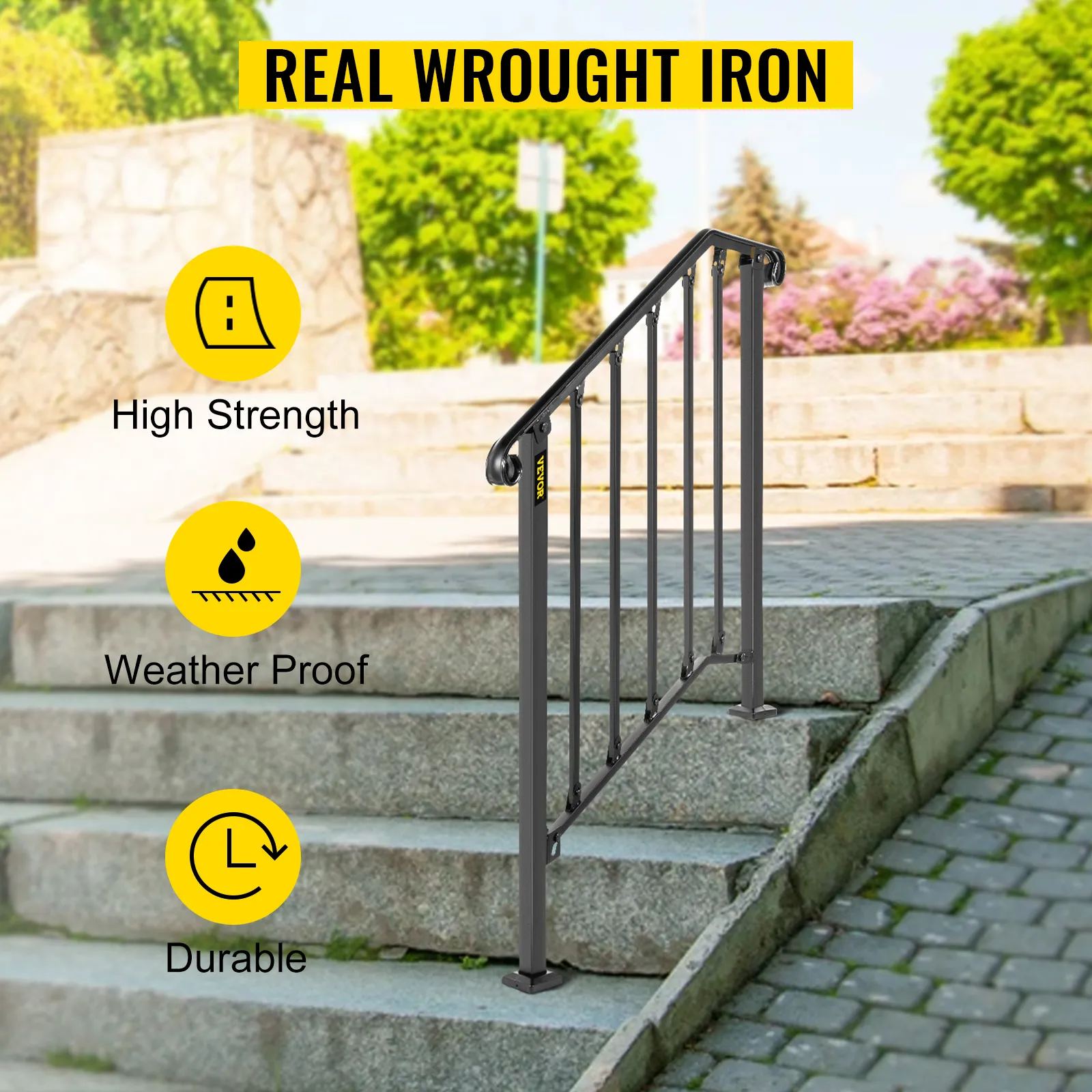 VEVOR outdoor handrails on concrete steps, highlighting high strength, weatherproof, durable.