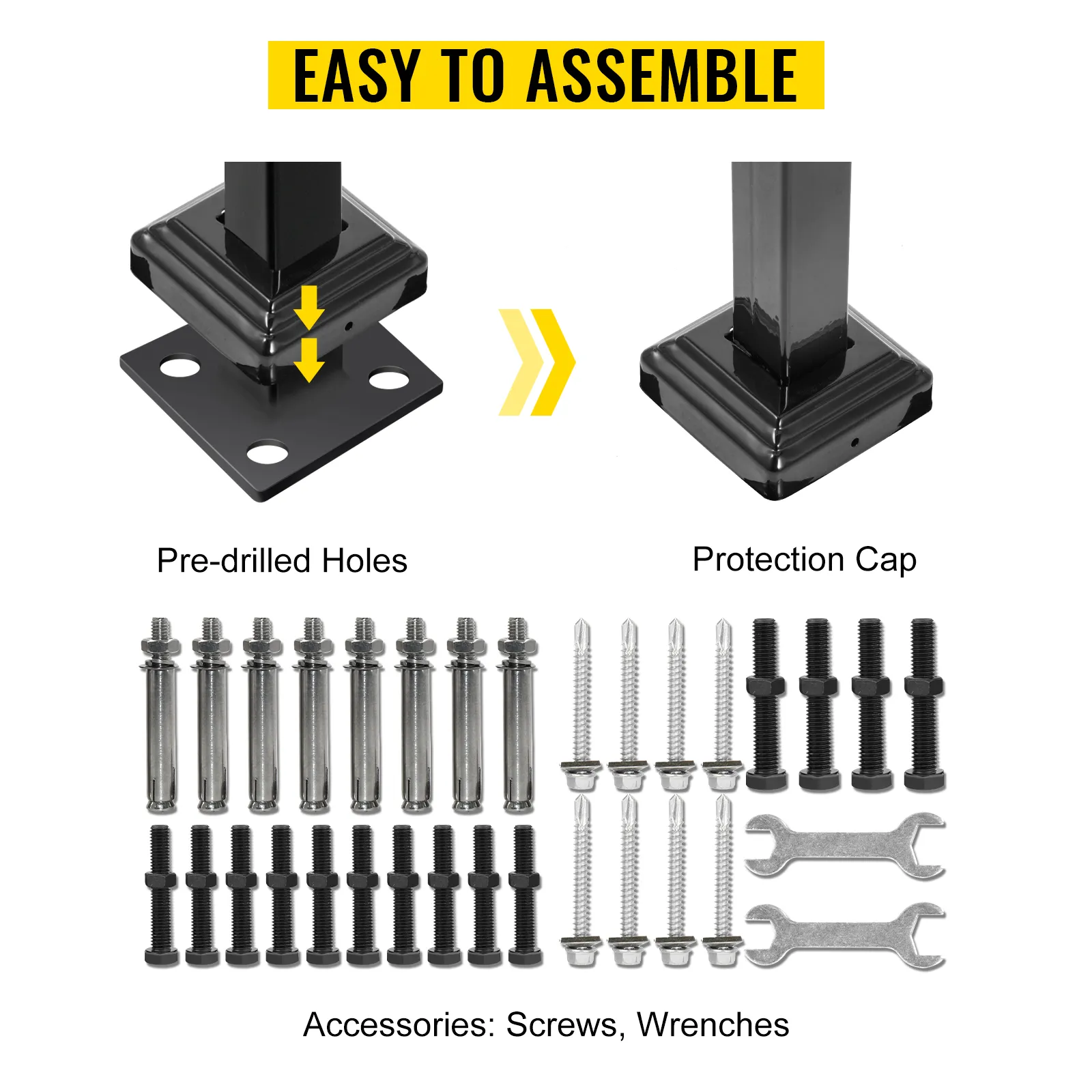 easy to assemble VEVOR outdoor handrails with screws and wrenches, pre-drilled holes.