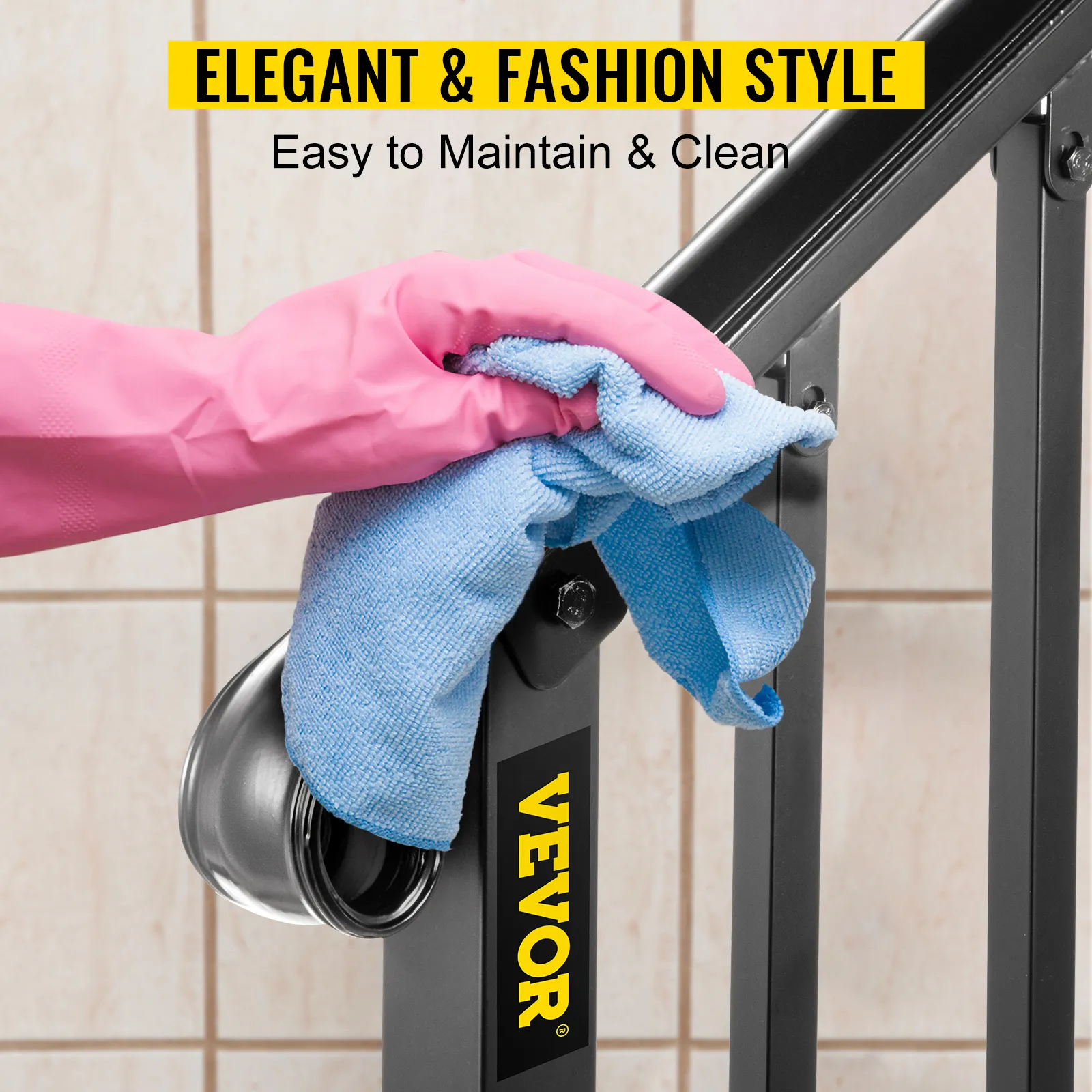 gloved hand cleaning VEVOR outdoor handrails with blue cloth. easy to maintain and clean.
