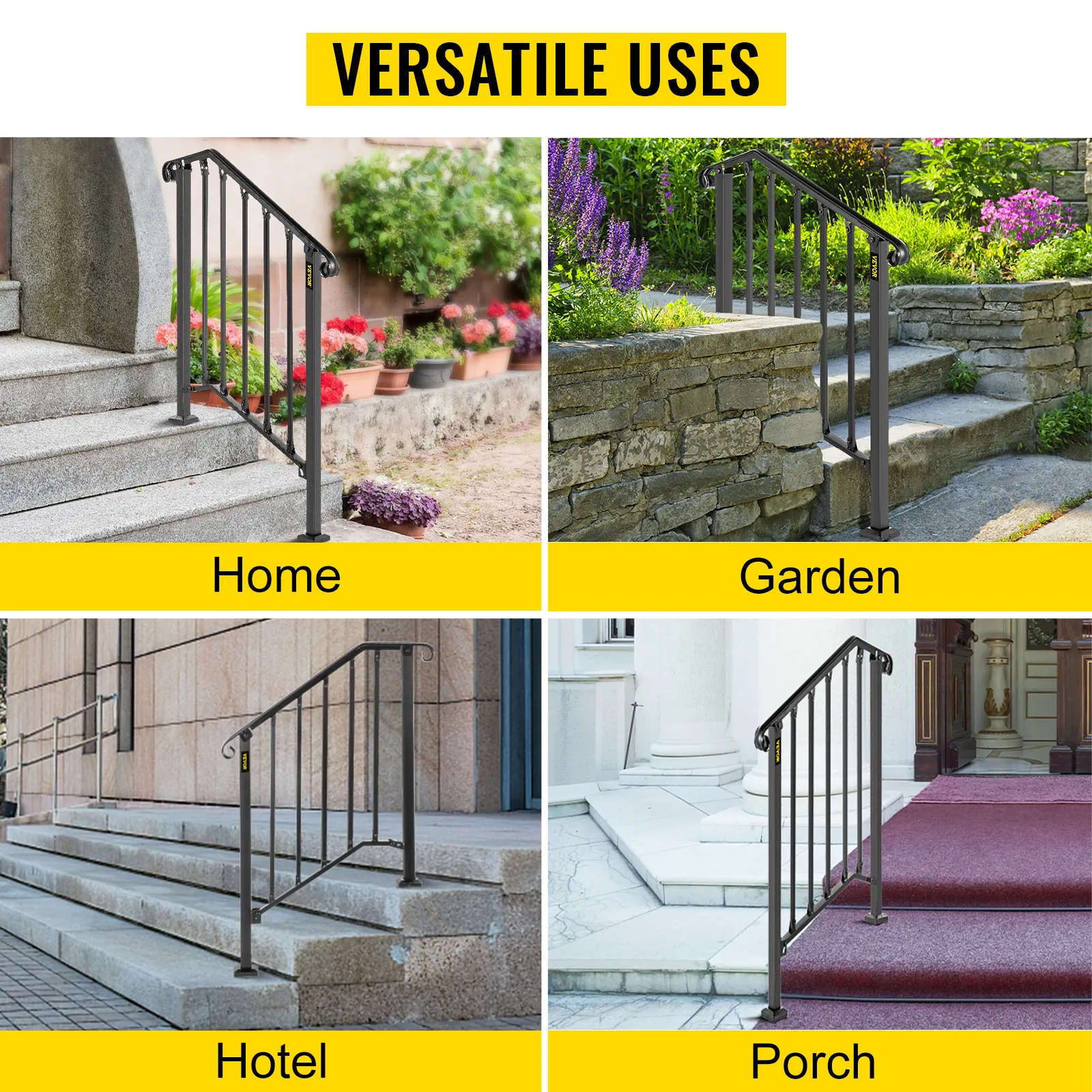 VEVOR outdoor handrails on steps for home, garden, hotel, and porch uses.