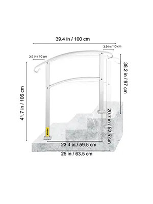 VEVOR outdoor handrails on stone steps with dimensions labeled in inches and cm.