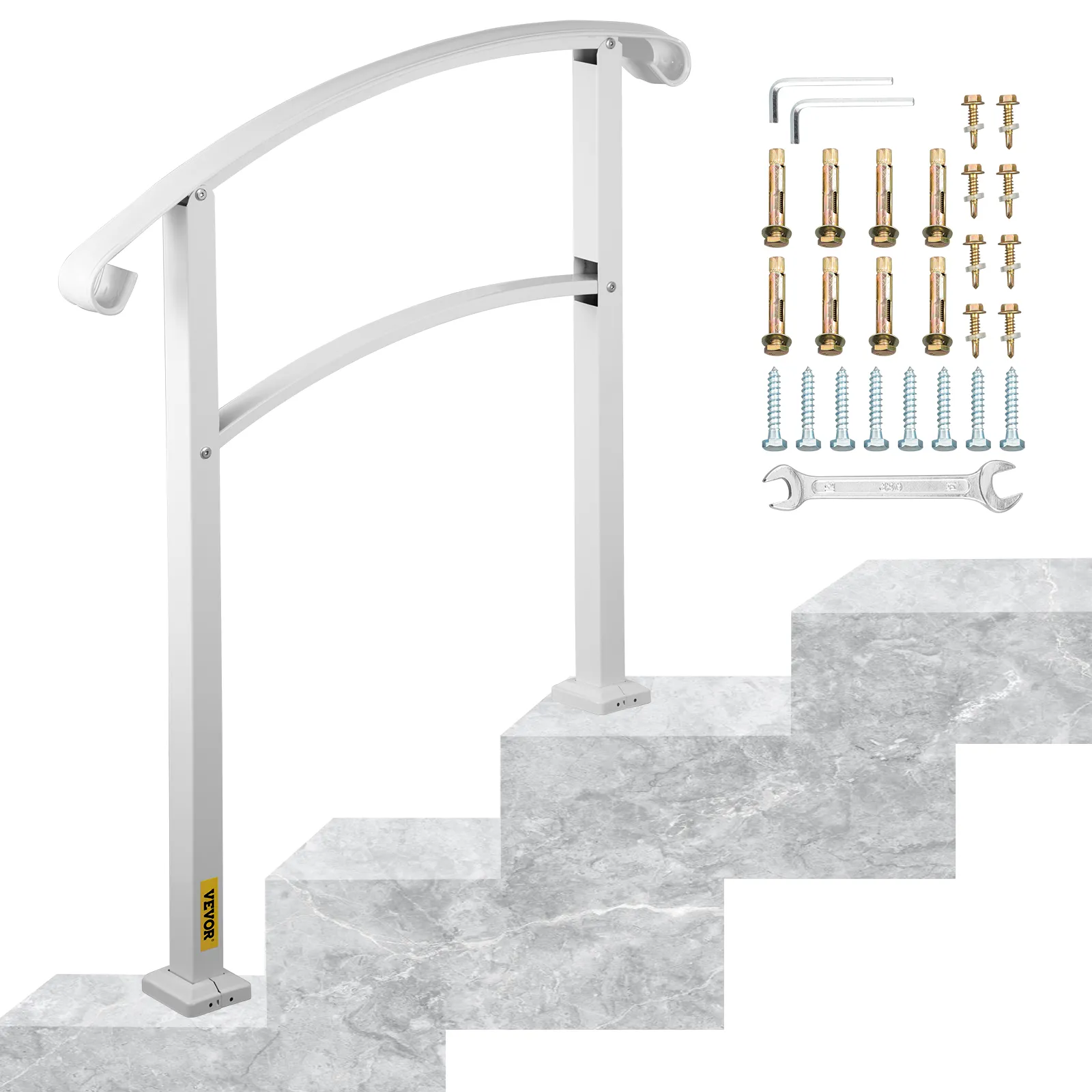 VEVOR outdoor handrails on stairs with installation tools and hardware included.