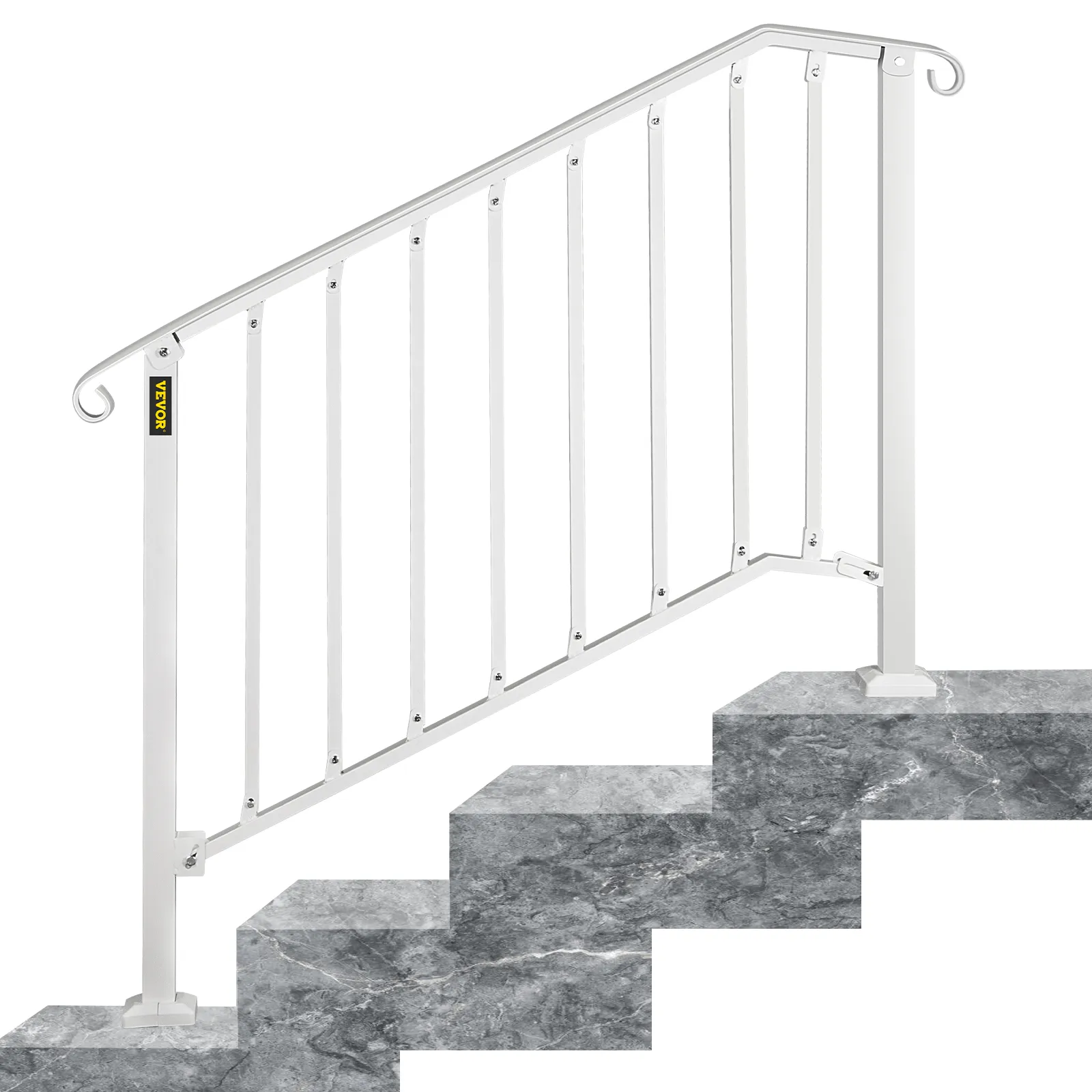 Barandilla de escalera exterior VEVOR blanca sobre escalones de mármol gris.