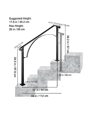 Corrimano per esterni VEVOR neri con dimensioni adatte all'installazione su scale.