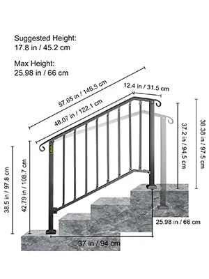 Medidas y dimensiones de pasamanos de exterior VEVOR para instalación en escaleras.
