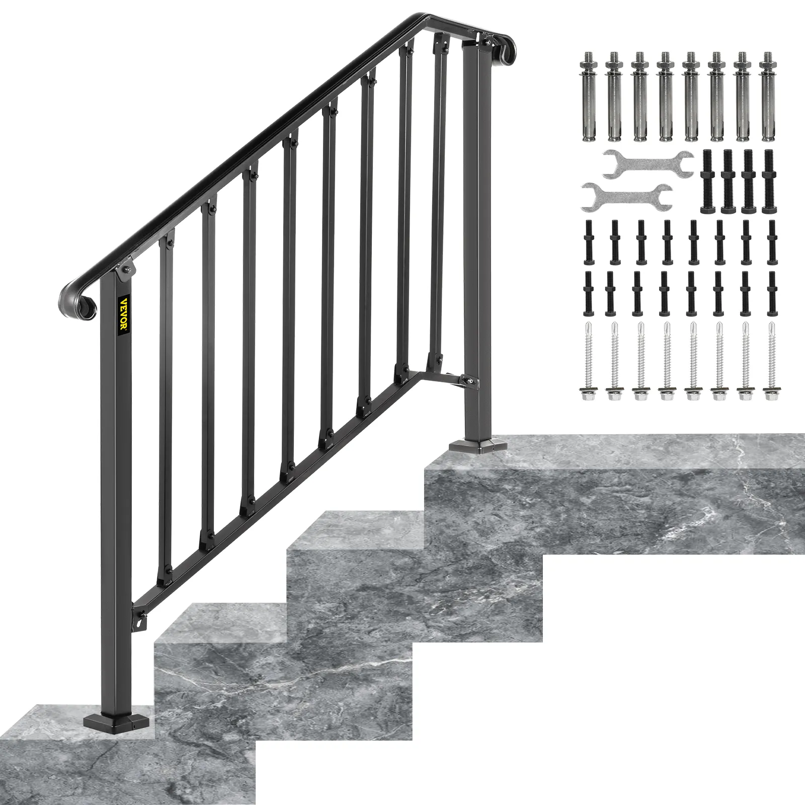 VEVOR outdoor handrails with installation hardware on marble steps.
