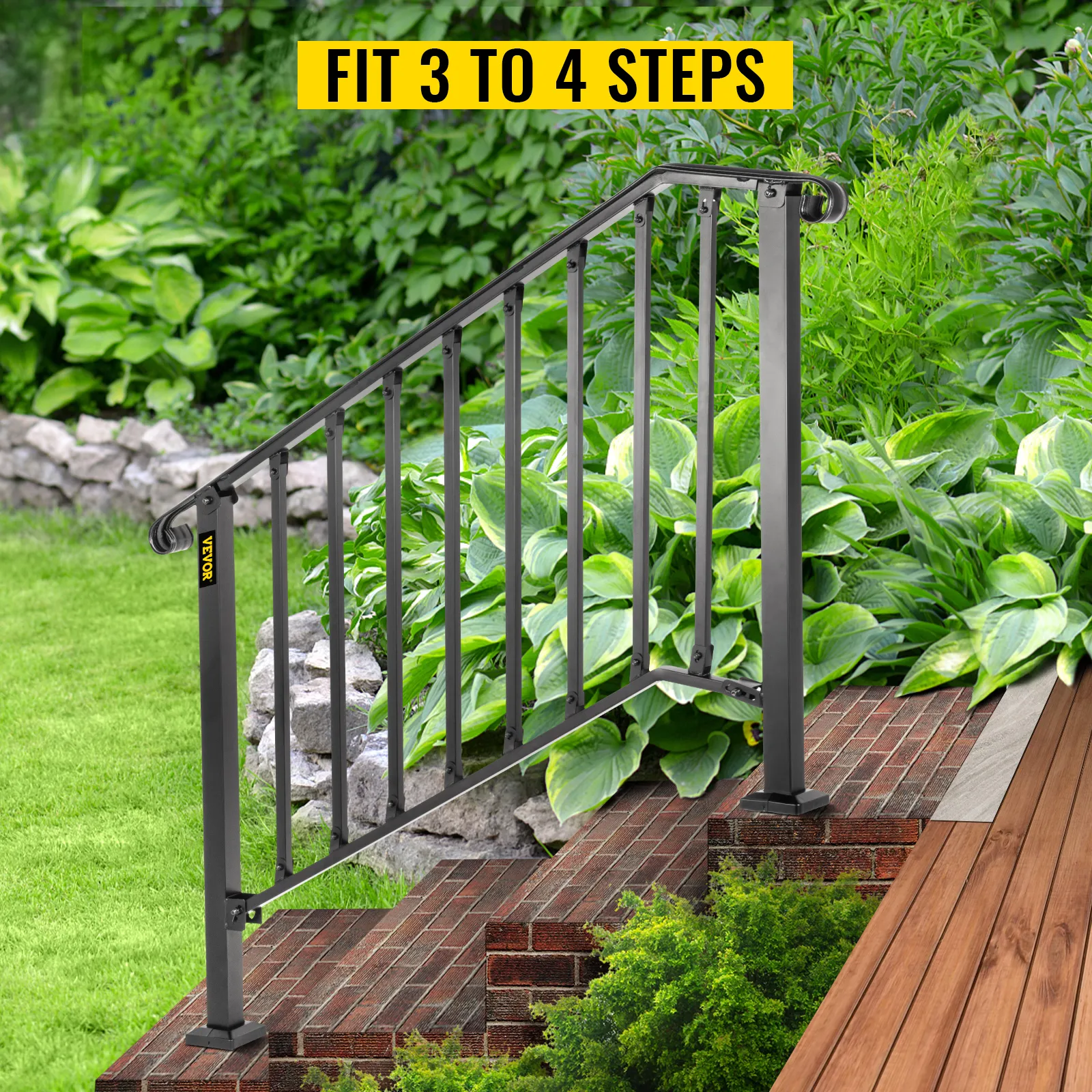 Pasamanos de exterior VEVOR para 3 o 4 escalones, junto a un exuberante jardín.