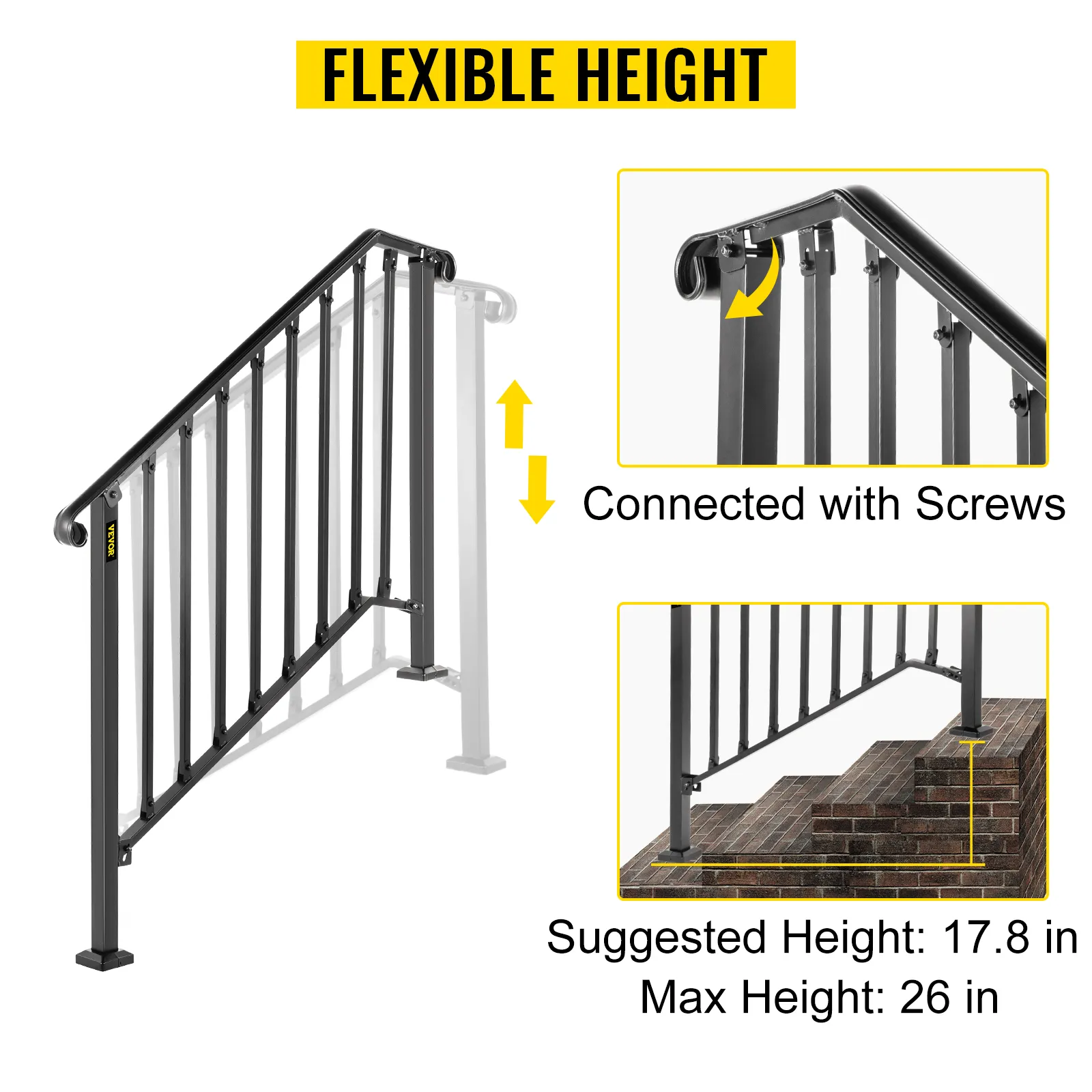 Pasamanos de exterior VEVOR con altura regulable y conexiones de tornillos para escaleras.