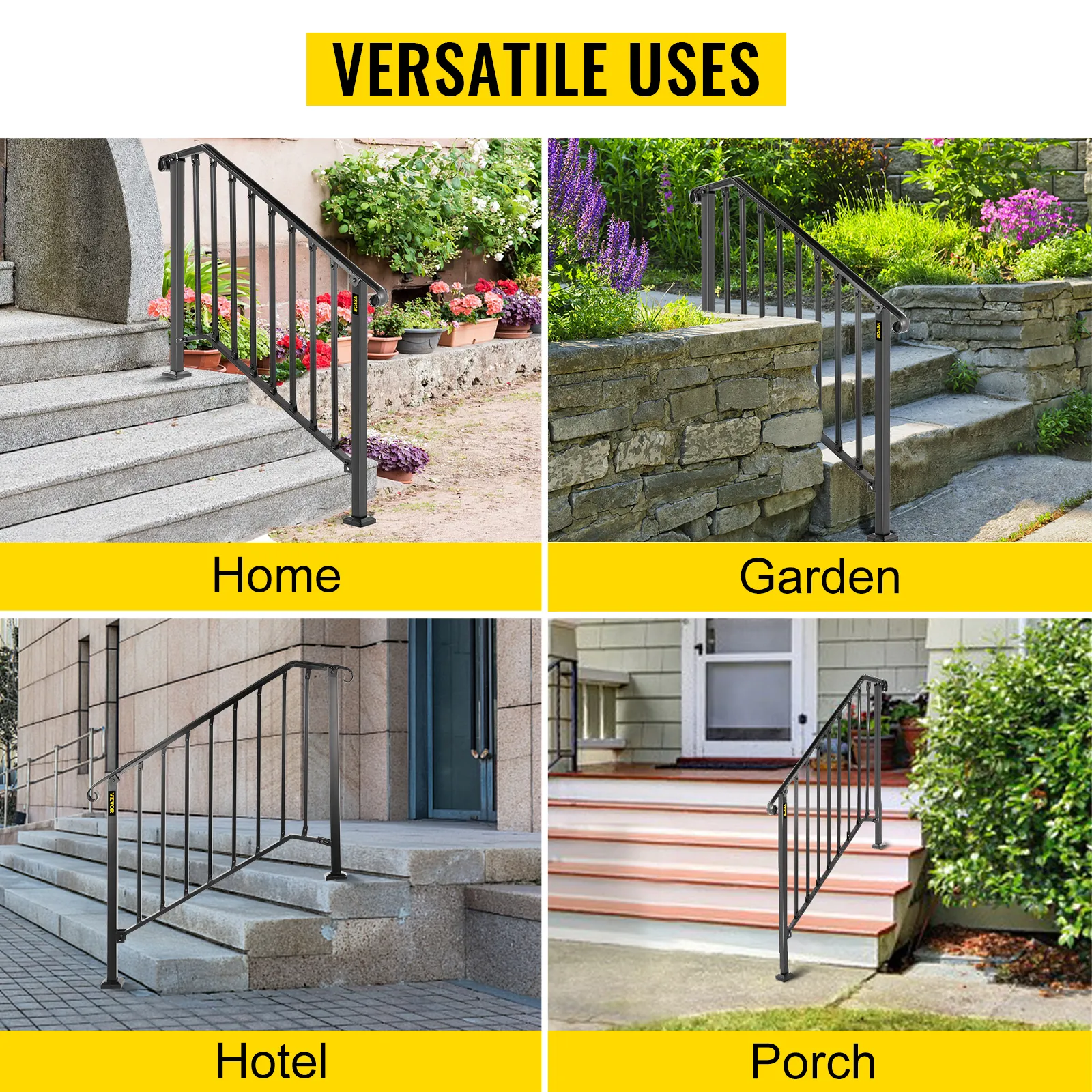 Pasamanos de exterior VEVOR para escaleras de casa, jardín, hotel y porche. Usos versátiles.