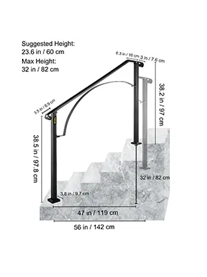 Poręcze VEVOR do schodów zewnętrznych na schodach kamiennych o wymiarach wysokości.