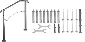 Poręcze VEVOR do schodów zewnętrznych, wraz ze śrubami montażowymi i kluczami.