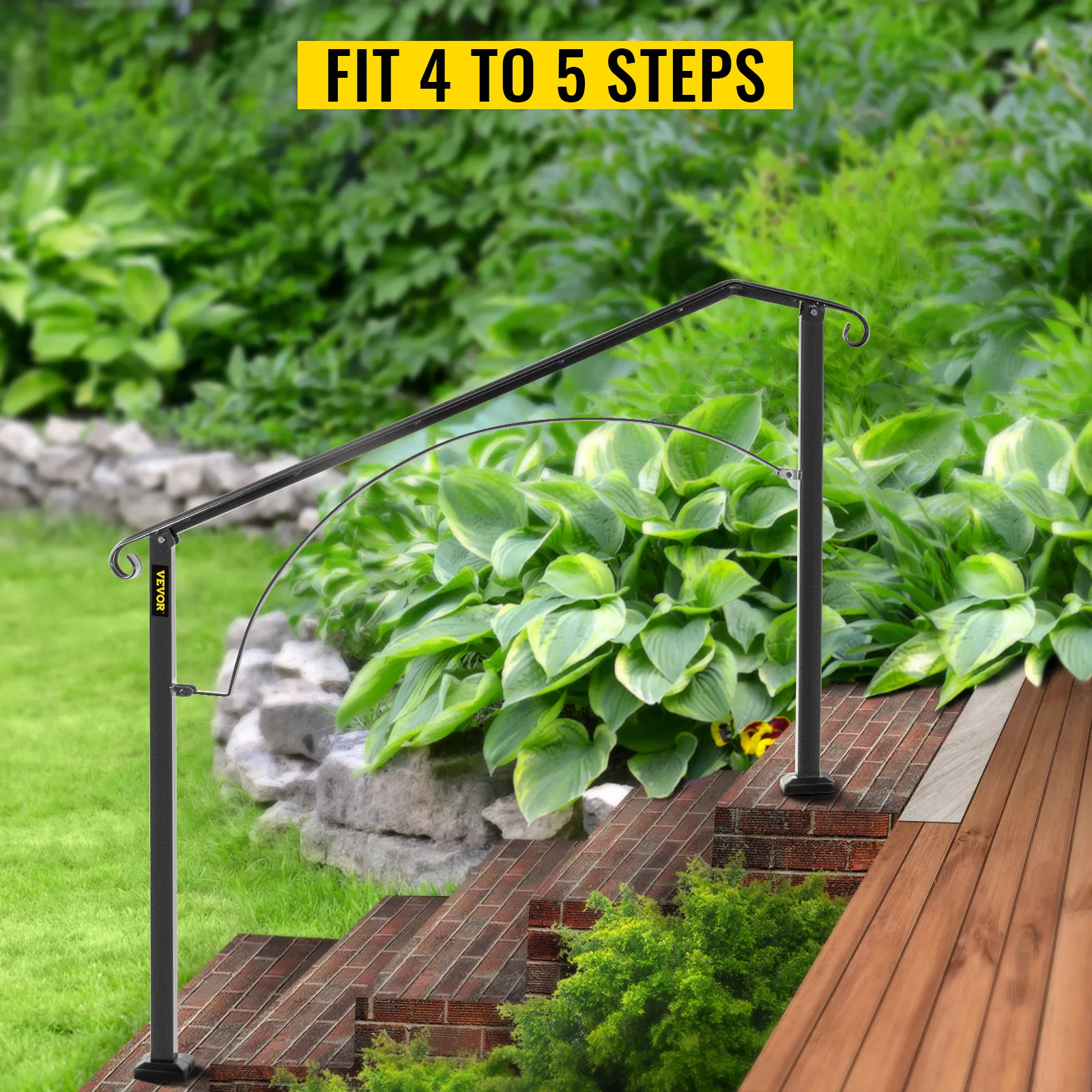 Poręcze VEVOR do schodów zewnętrznych na ceglanych schodach z bujną zielenią ogrodu w tle.