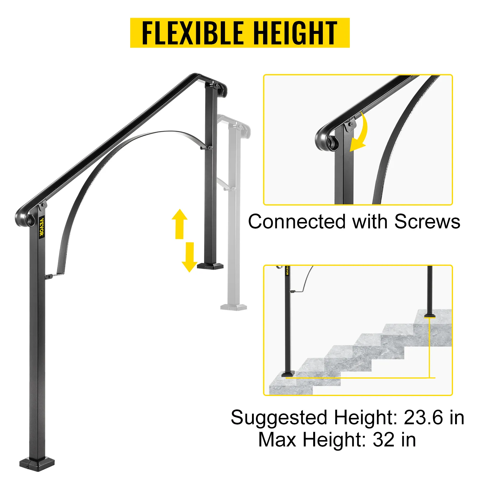 Poręcze VEVOR do schodów zewnętrznych z regulacją wysokości i połączeniami śrubowymi.