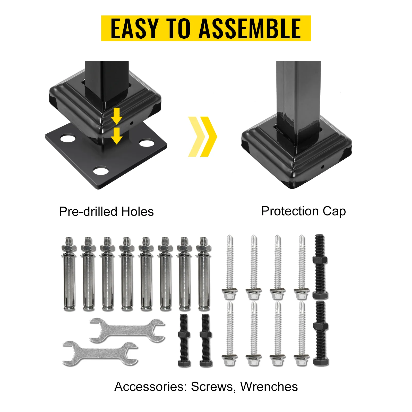 Poręcze VEVOR do schodów zewnętrznych z wstępnie nawierconymi otworami oraz dołączonymi śrubami i kluczami.
