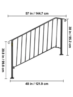 black VEVOR handrails for outdoor steps with dimensions in inches and centimeters.