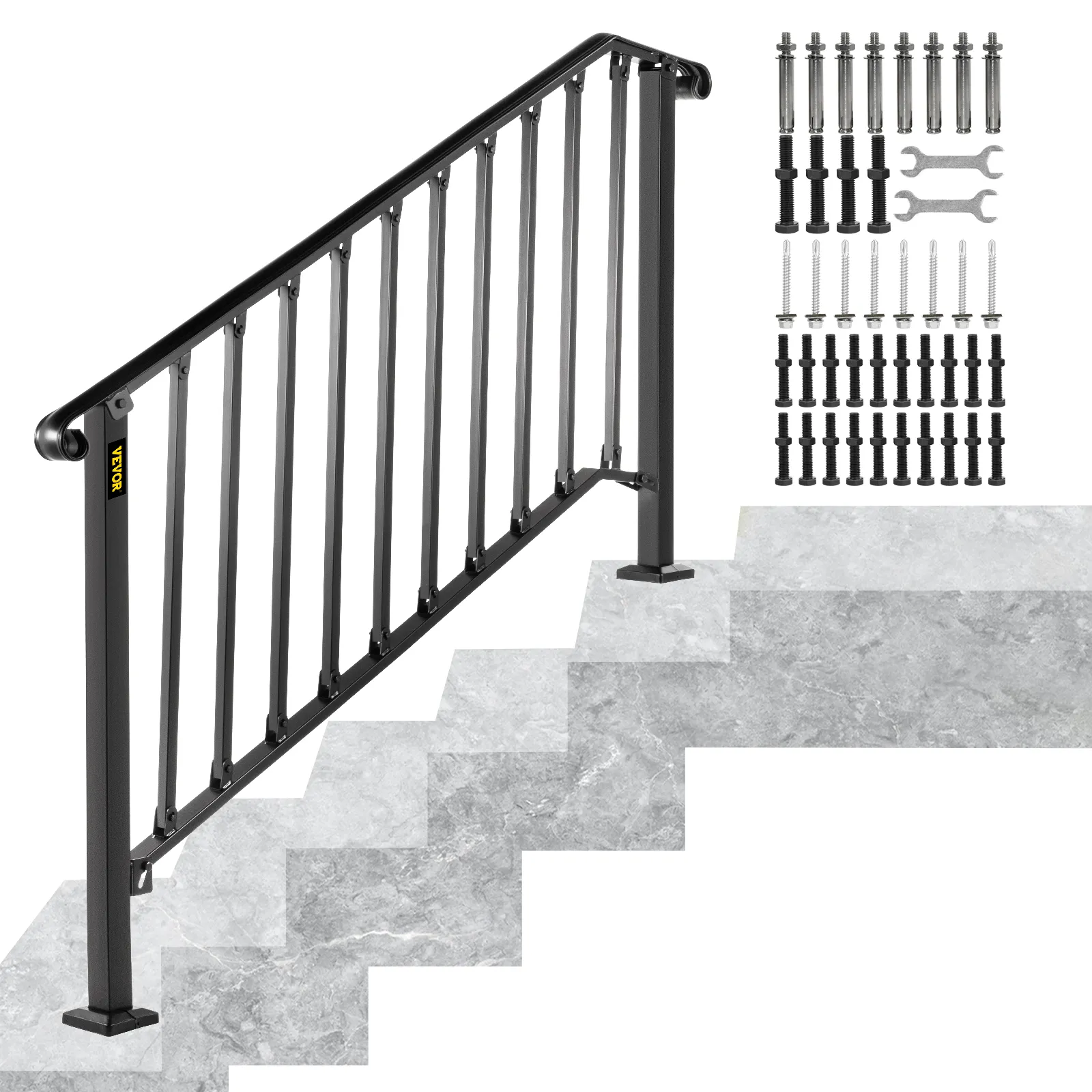 VEVOR handrails for outdoor steps with installation hardware on gray stone stairs.
