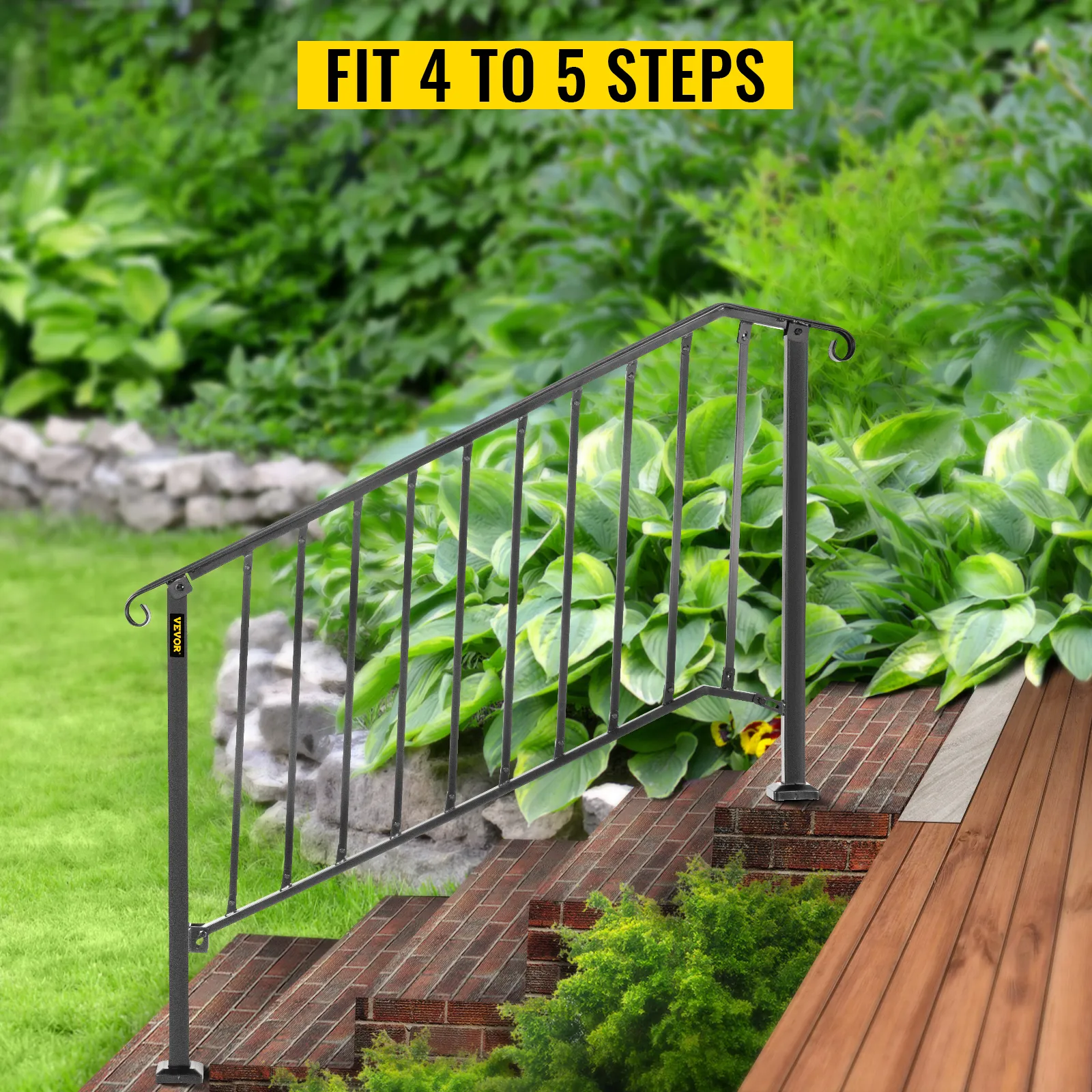 VEVOR handrails for outdoor steps on brick stairs with lush green plants nearby.