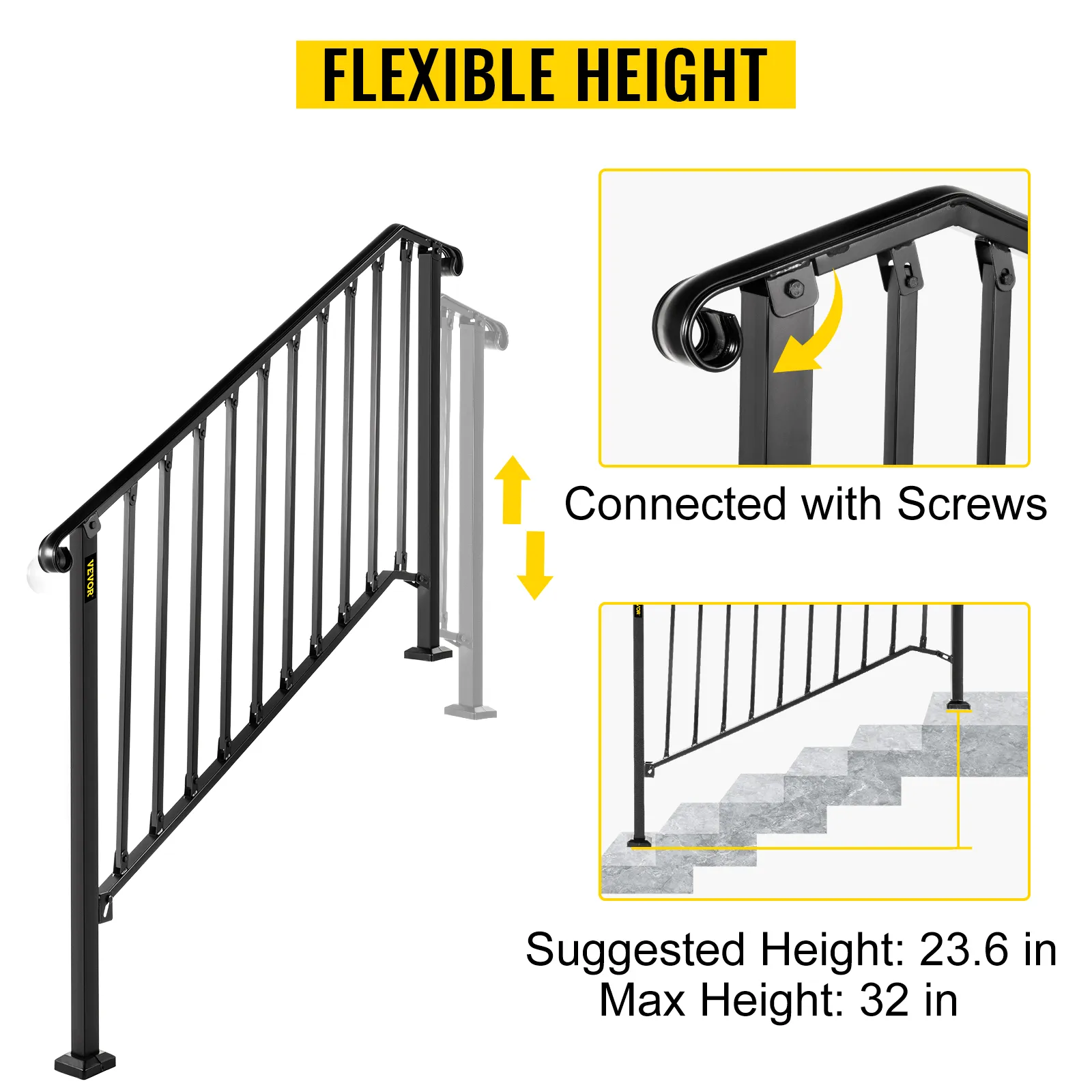 VEVOR handrails for outdoor steps, flexible height, black, connected with screws.