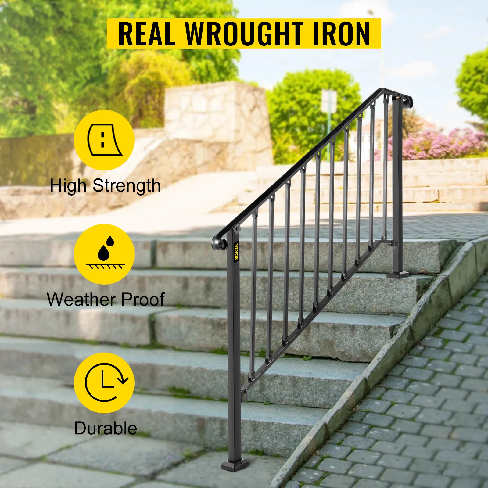 VEVOR handrails for outdoor steps, real wrought iron, high strength, weatherproof, durable.