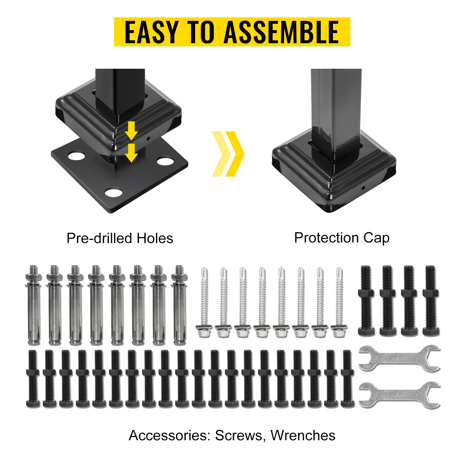 VEVOR handrails for outdoor steps, easy to assemble with pre-drilled holes, accessories included