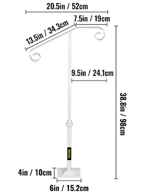 Pasamanos de un solo poste VEVOR con volutas decorativas y etiquetas de medidas.