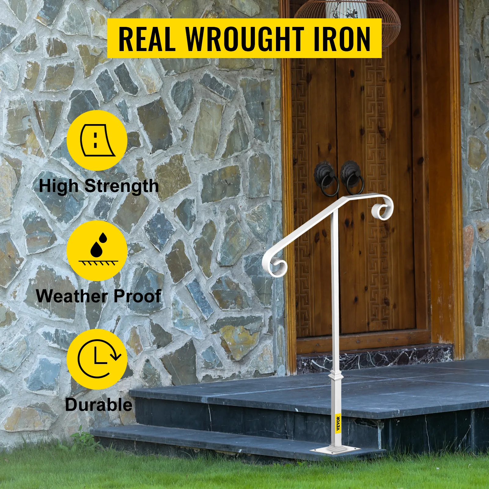 Pasamanos de un solo poste VEVOR en la entrada de escalones de piedra, destacando su alta resistencia, resistencia a la intemperie y durabilidad.