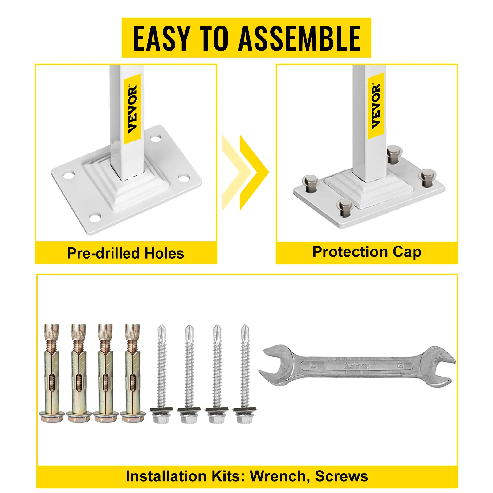 Pasamanos de un solo poste VEVOR con orificios pretaladrados, tornillos y llave para un fácil montaje.