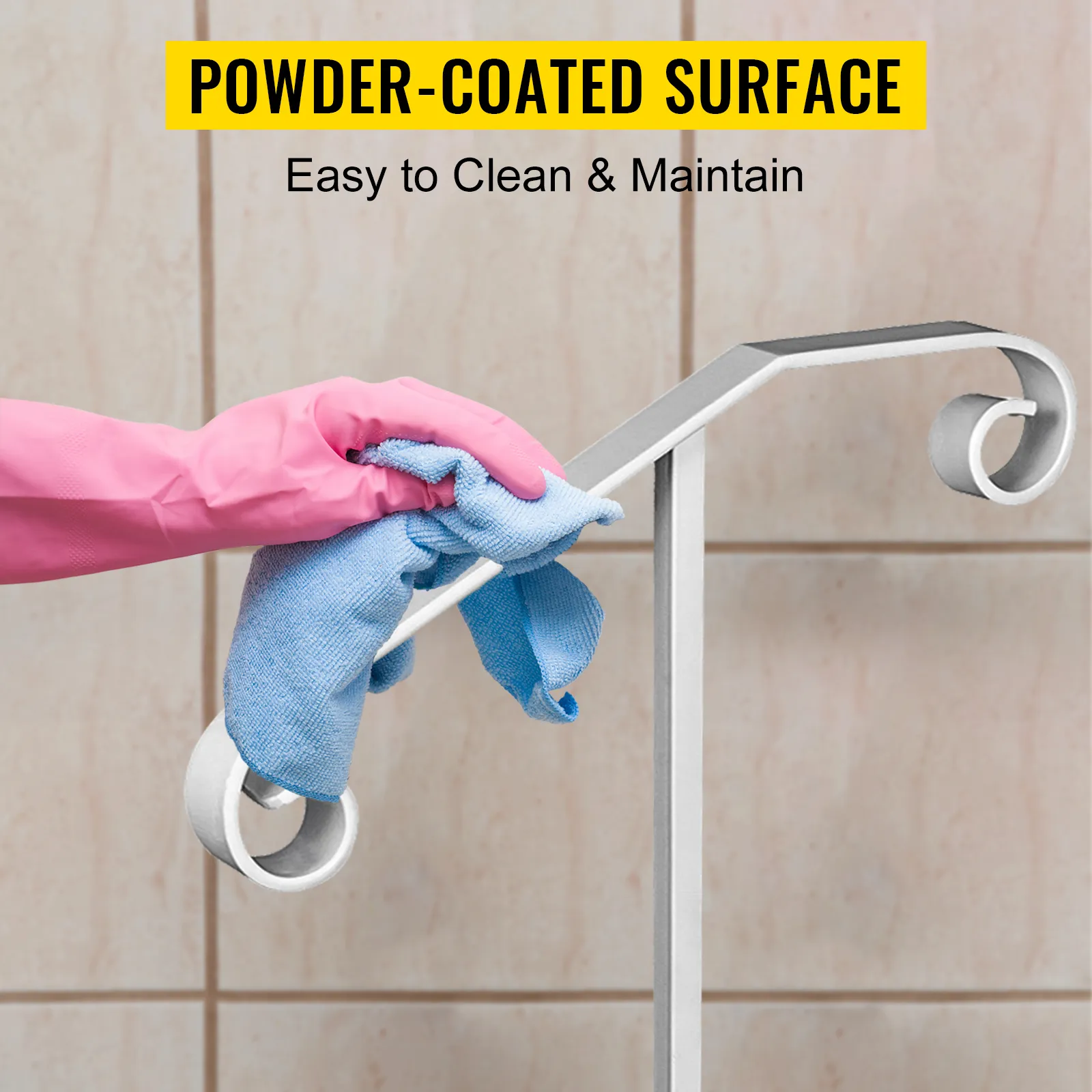 Limpieza del pasamanos de un solo poste VEVOR con un guante rosa y un paño azul, superficie con recubrimiento de polvo.