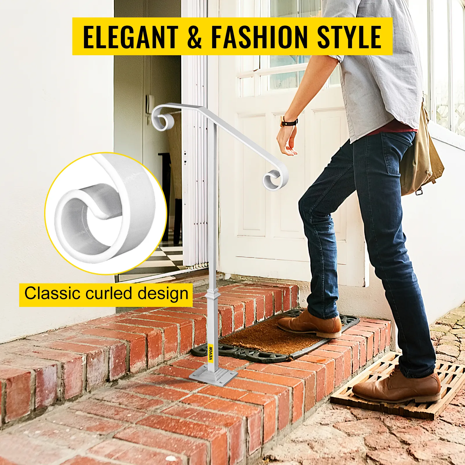Persona que utiliza un pasamanos de un solo poste VEVOR con diseño rizado clásico sobre escalones de ladrillo.