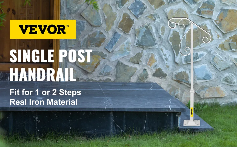 Pasamanos VEVOR: pasamanos de un solo poste para 1 o 2 escalones, de hierro, junto a pared de piedra.