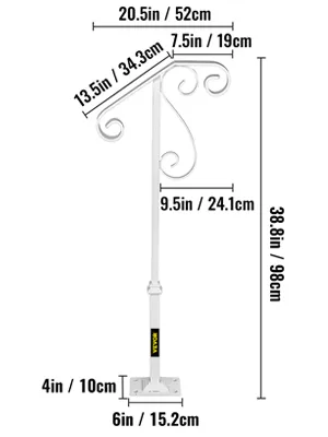 Pasamanos VEVOR blancos con dimensiones y diseño de volutas intrincado.