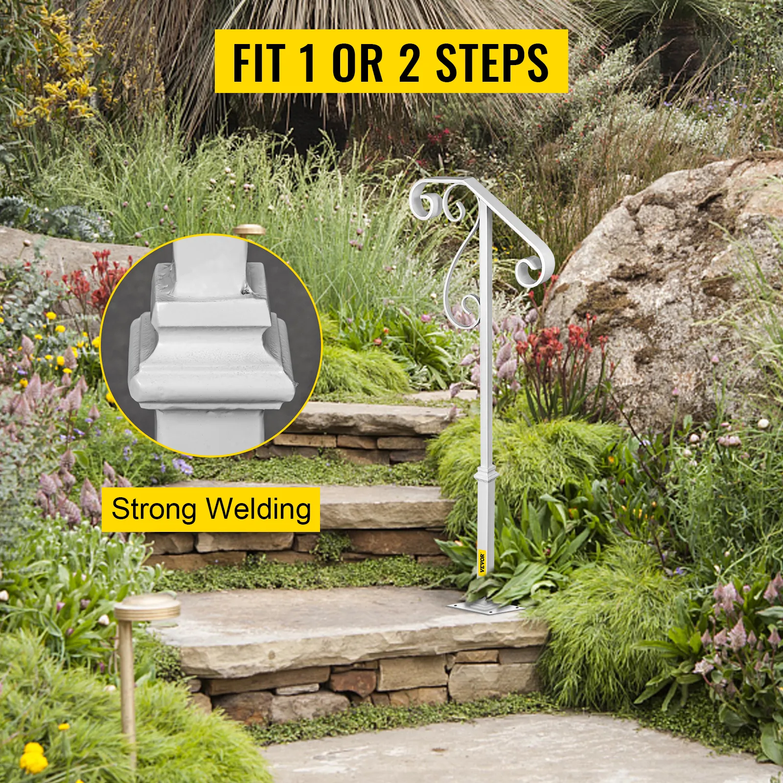Pasamanos VEVOR para escaleras exteriores, que muestran una soldadura resistente y un entorno de jardín exuberante.