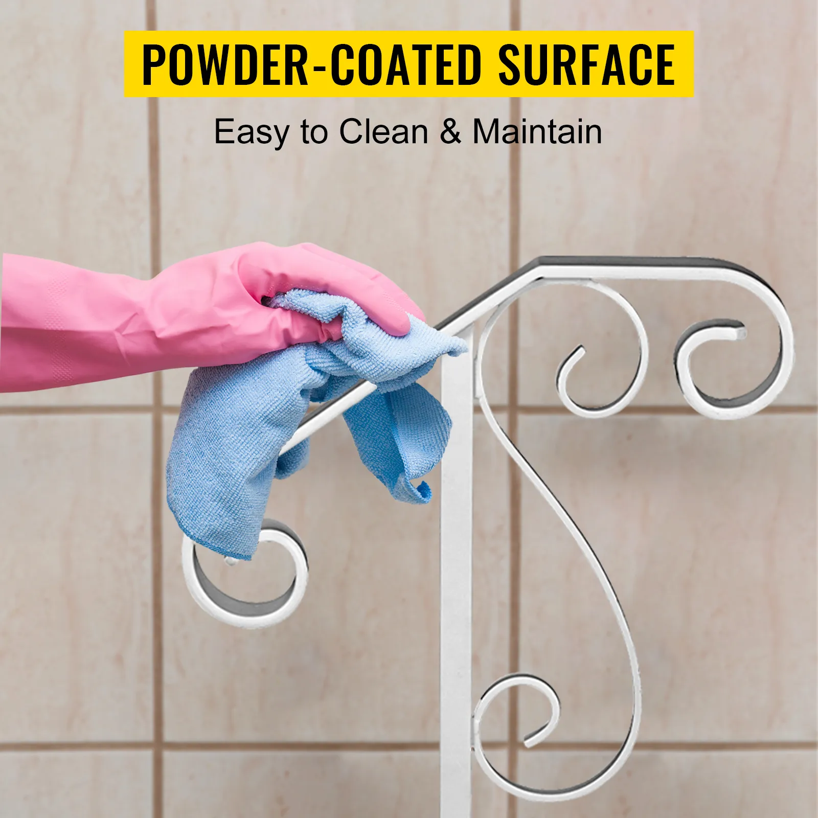 Limpieza de pasamanos VEVOR con un paño azul, con guante rosa y superficie recubierta de polvo.