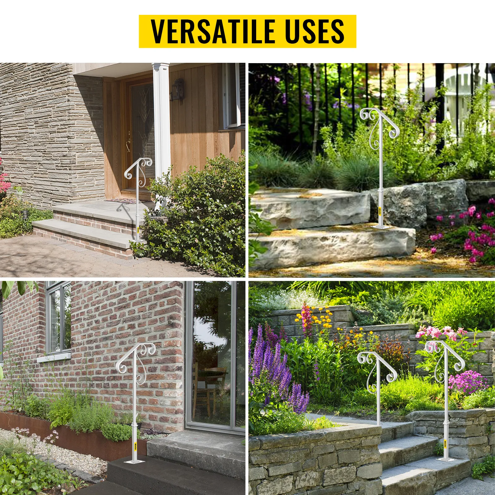 Pasamanos VEVOR instalados en escalones, mostrando usos versátiles en exteriores y jardines.