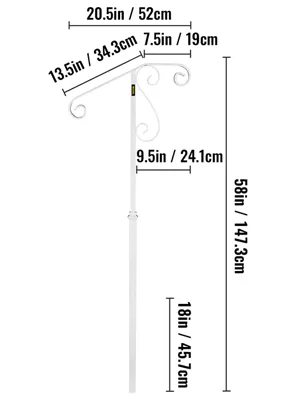 Pasamanos VEVOR con dimensiones detalladas, en color blanco, con volutas decorativas.