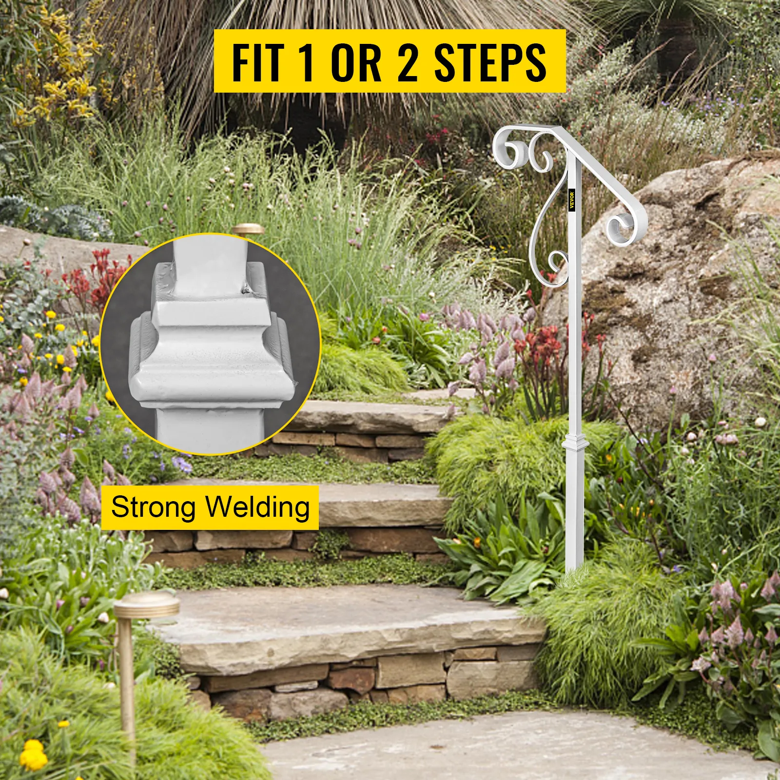 Pasamanos VEVOR para 1 o 2 peldaños, color blanco, soldadura fuerte, en entorno jardín.