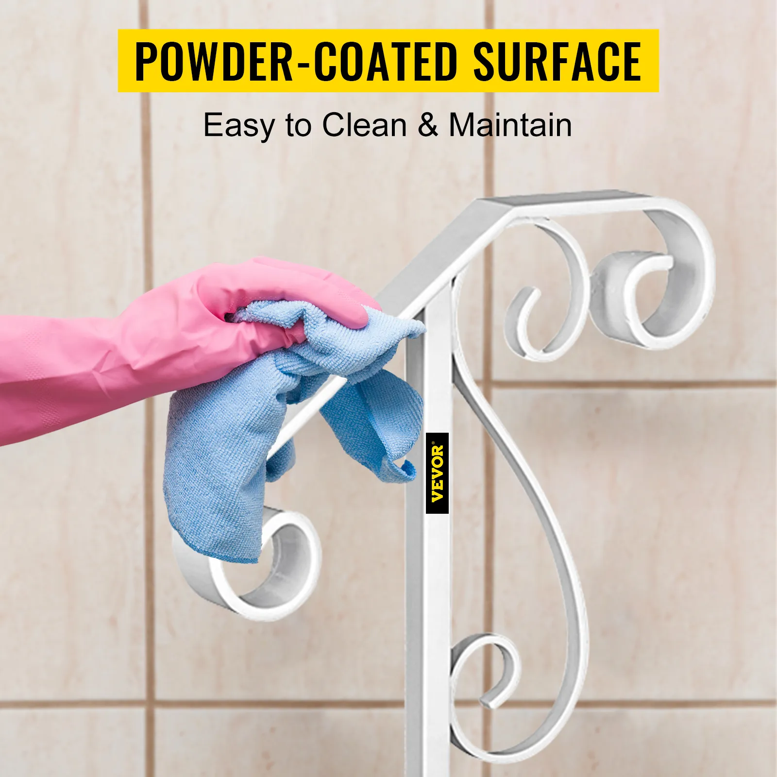 Mano enguantada de color rosa limpiando pasamanos VEVOR con un paño azul, mostrando una superficie con recubrimiento en polvo.