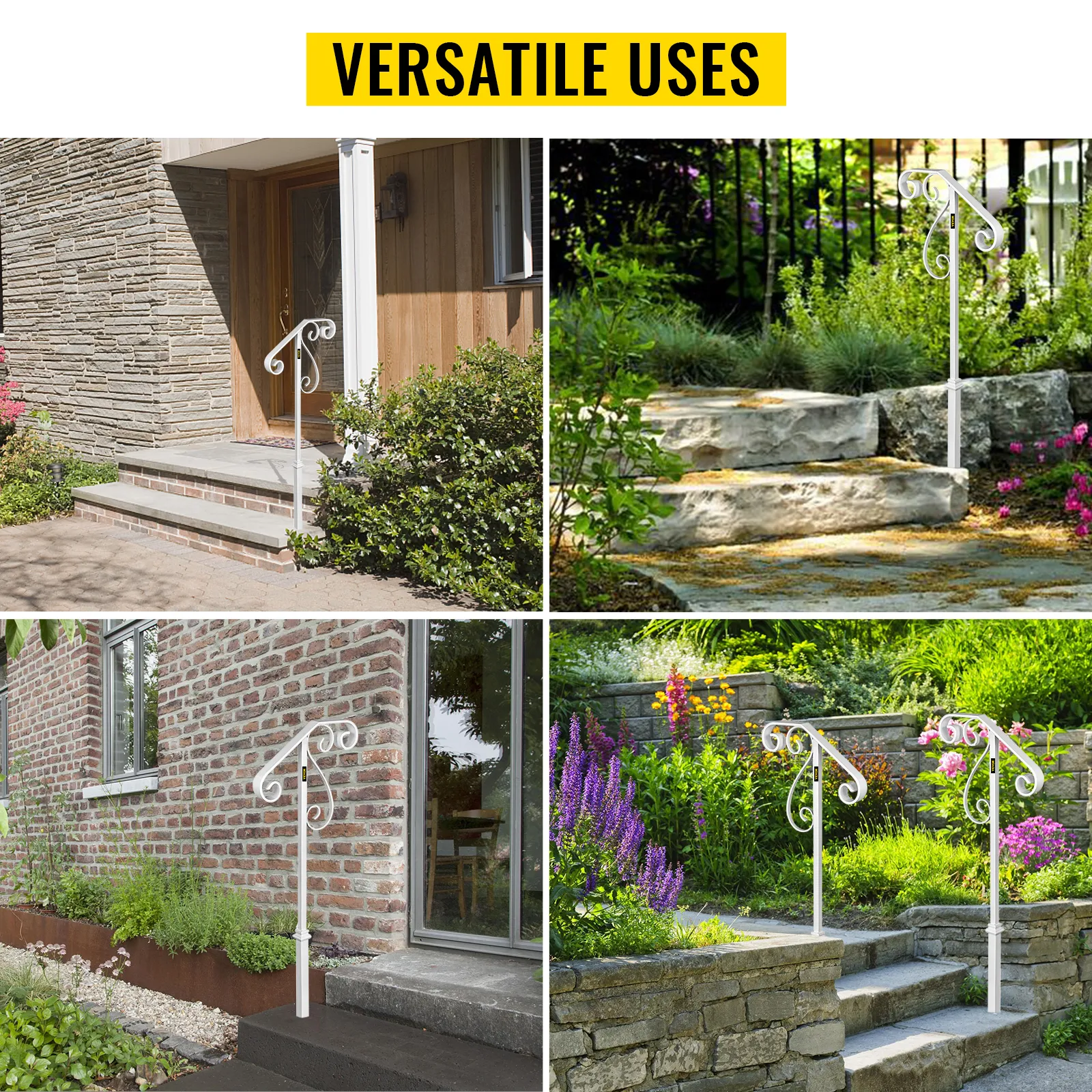 Pasamanos VEVOR instalados en escalones de jardín, entradas y caminos de ladrillo para un uso versátil.