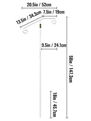 Dimensiones del pasamanos VEVOR etiquetadas en blanco, mostrando longitudes y alturas en pulgadas y cm.