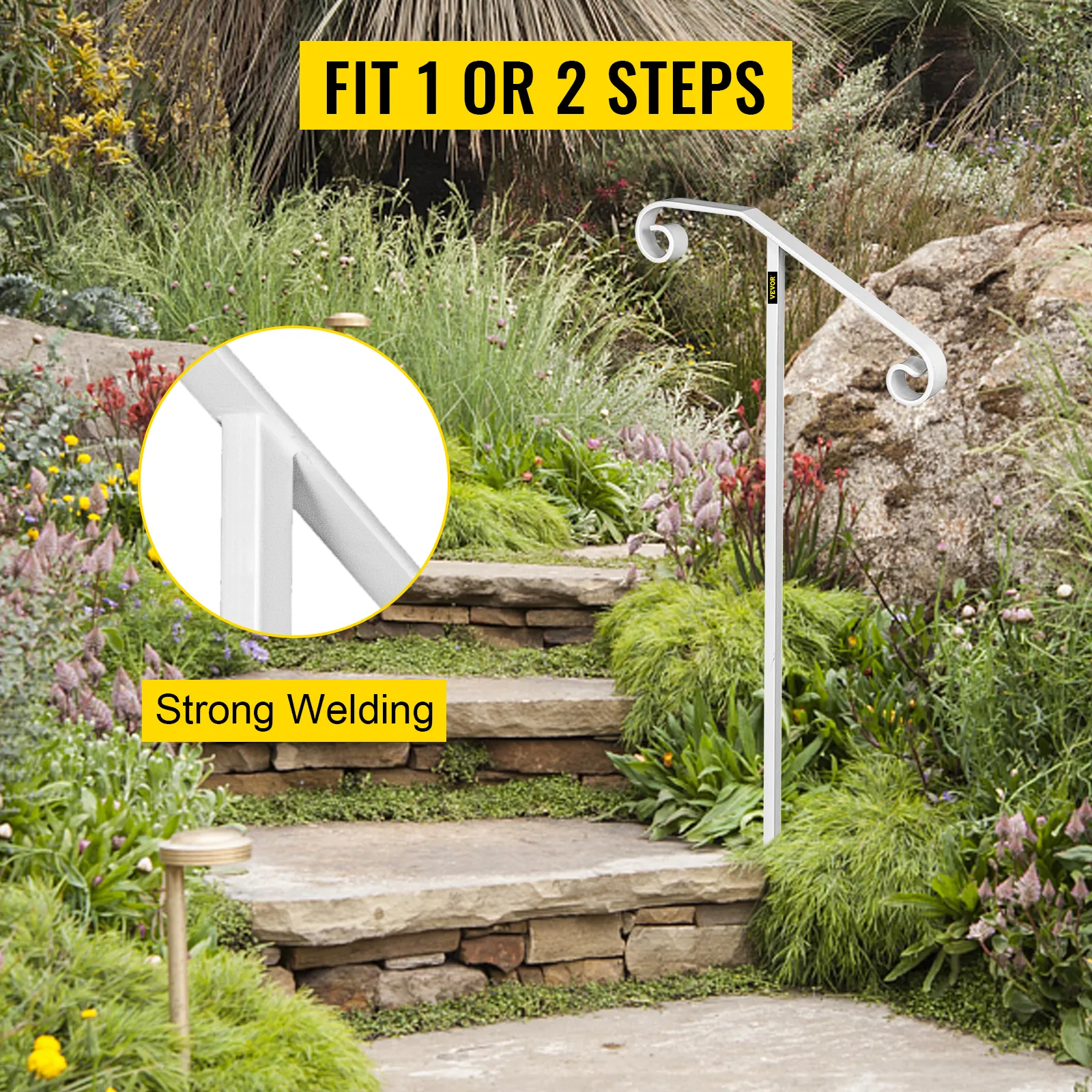 Pasamanos VEVOR para 1 o 2 escalones de jardín con soldadura resistente en un entorno de jardín exuberante.