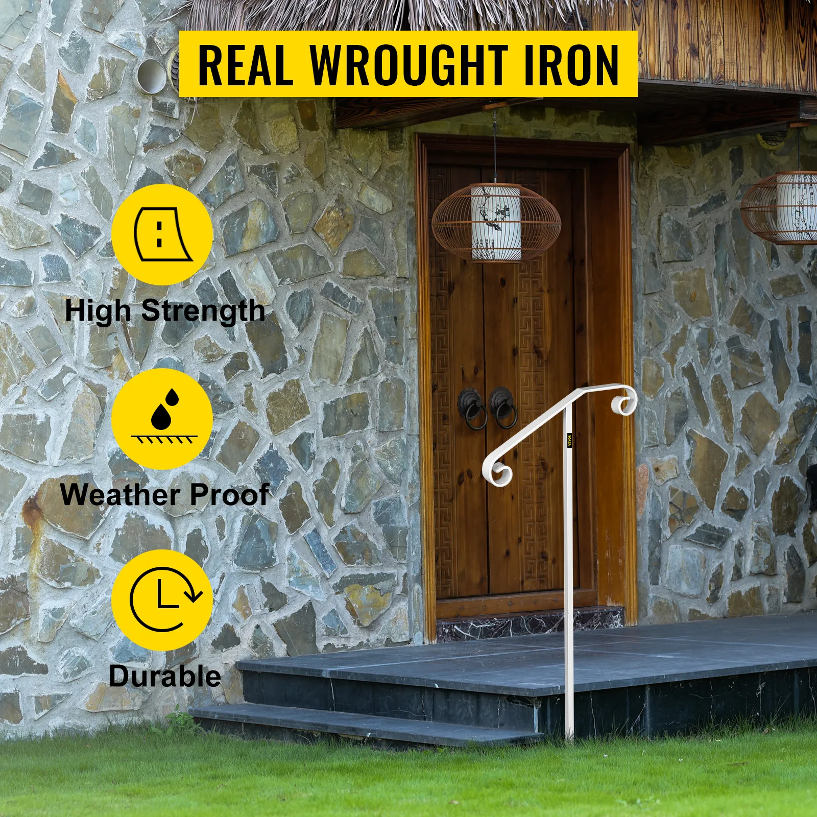 Pasamanos VEVOR frente a casa de piedra, destacando características de alta resistencia, resistencia a la intemperie y durabilidad.