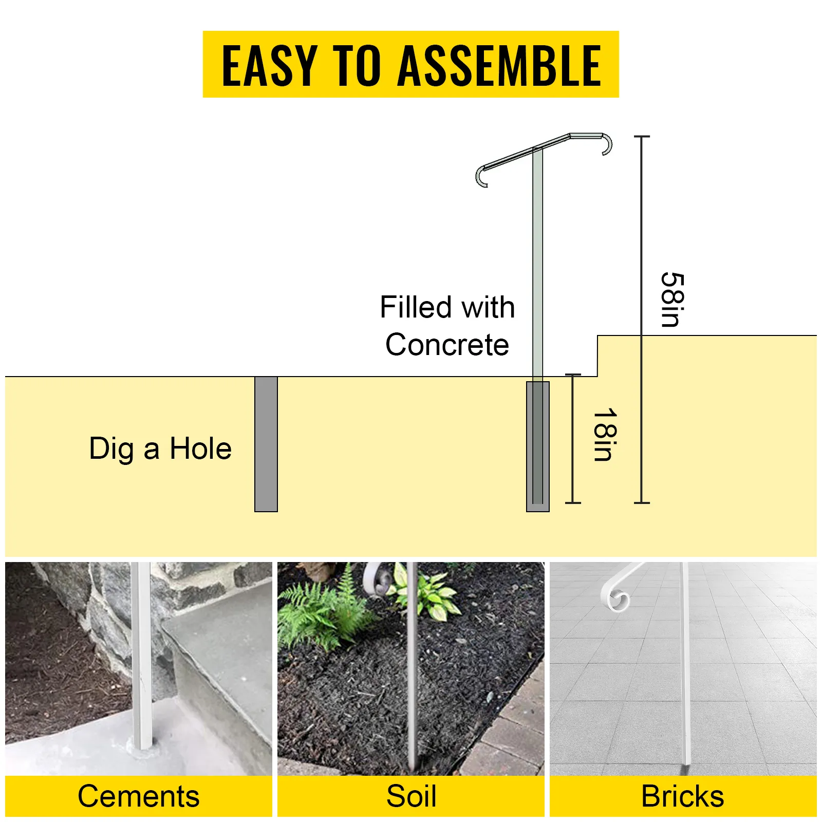 Pasos de montaje sencillos para la instalación de pasamanos VEVOR con hormigón en suelo, cemento y ladrillos.
