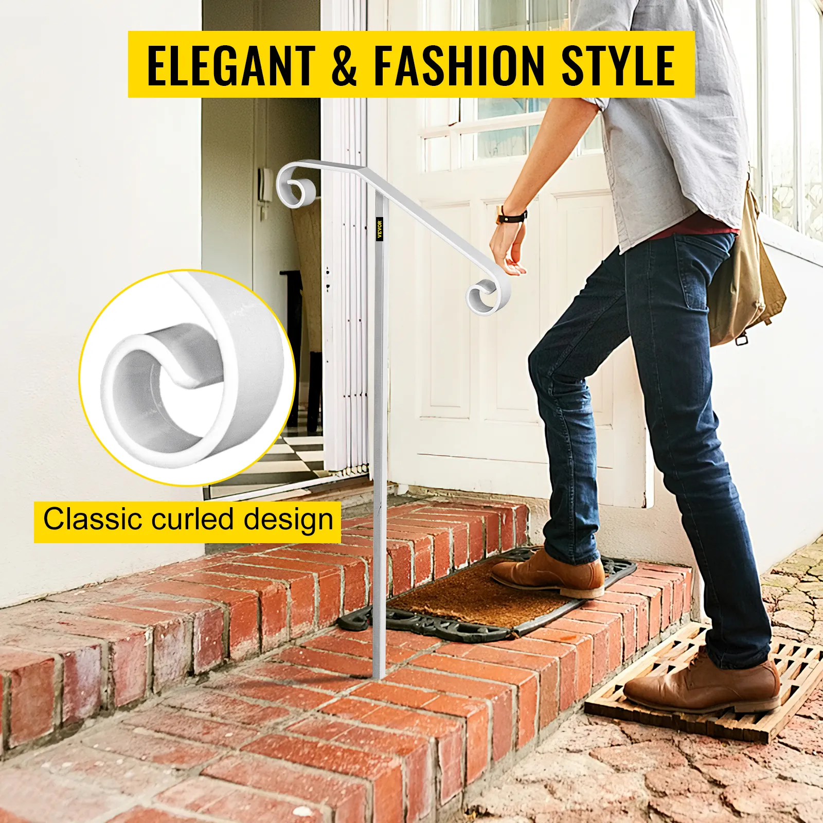 Pasamanos VEVOR con diseño rizado clásico, ideal para entradas de casas con estilo.